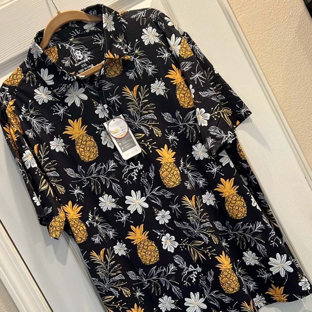Black and Gold Casual Button Down Shirt with Tropical Print